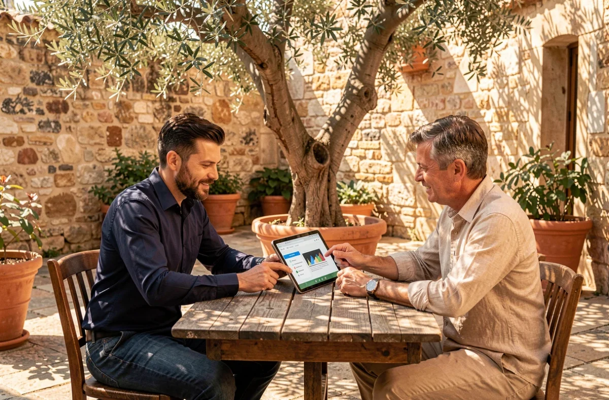 Consultant de Mon Expert Digital présentant une maquette de site web à un propriétaire de petite entreprise dans une cour ensoleillée typique du Gard
