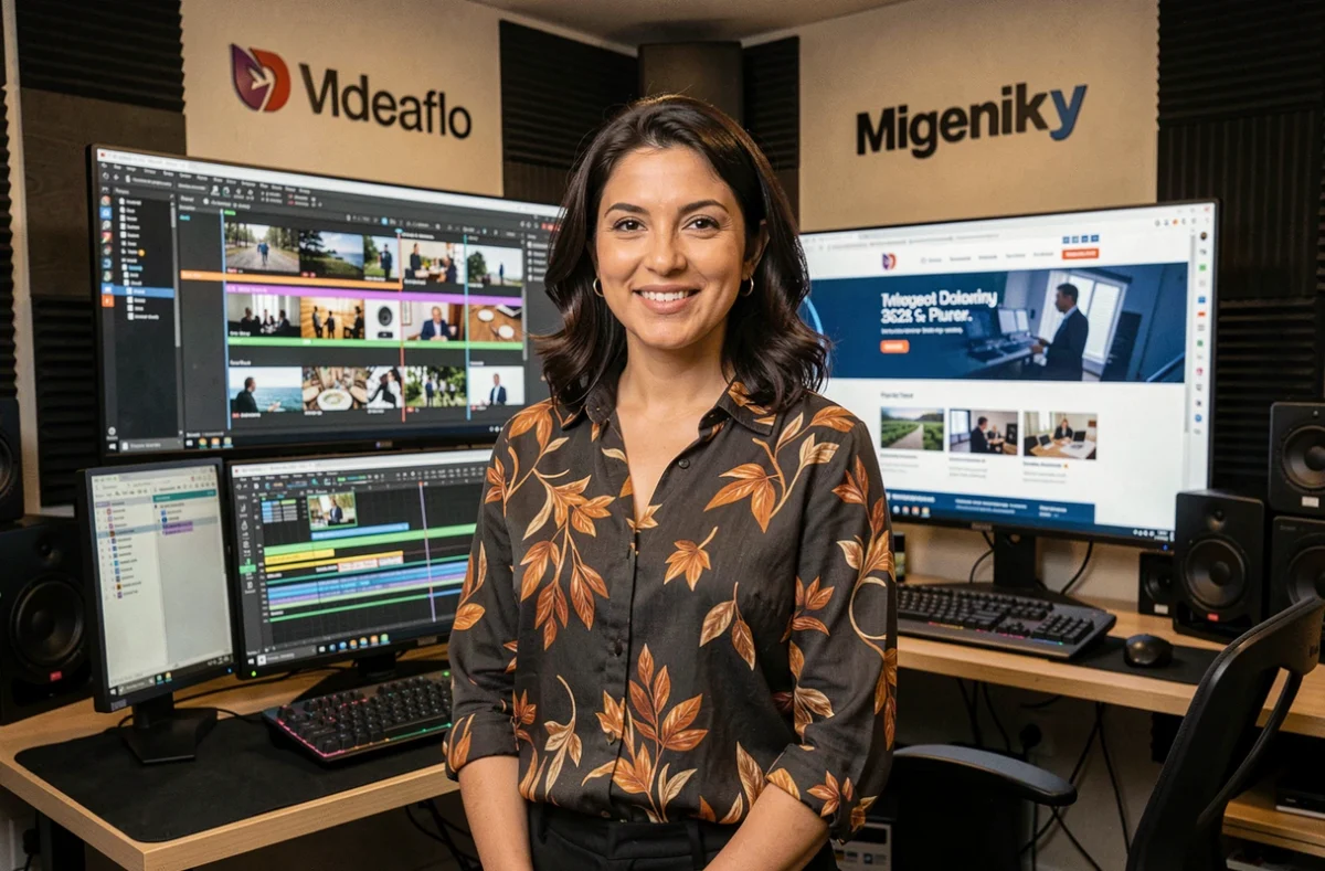 Productrice média de MSD Media devant une suite de montage vidéo affichant des projets de création web et multimédia