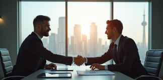 Deux professionnels en négociation d'affaires dans un bureau moderne