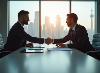 Deux professionnels en négociation d'affaires dans un bureau moderne