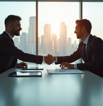 Deux professionnels en négociation d'affaires dans un bureau moderne