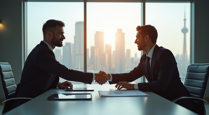 Deux professionnels en négociation d'affaires dans un bureau moderne