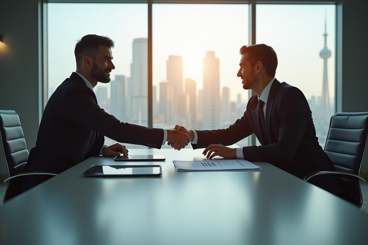 Deux professionnels en négociation d'affaires dans un bureau moderne