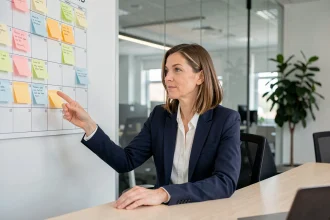 Femme professionnelle négociant un changement d'horaire de réunion récurrente dans une salle de conférence moderne