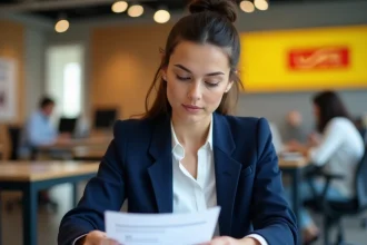 Nouvelle employée de La Poste consultant son dossier d'intégration GTM à son bureau lors de sa première semaine