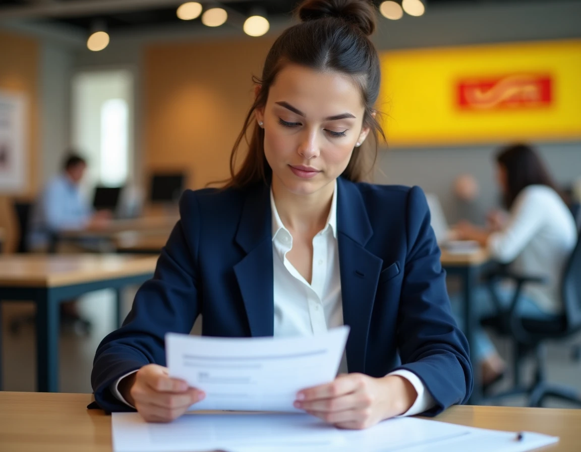 Nouvelle employée de La Poste consultant son dossier d'intégration GTM à son bureau lors de sa première semaine