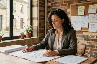 Professionnelle immobilière analysant des documents dans un espace de coworking en province française, avec vue sur une rue pavée