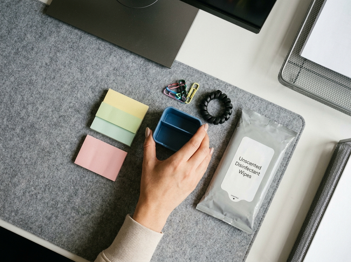 Vue aérienne d'un bureau partagé en cours de rangement avec organiseurs colorés et accessoires de nettoyage