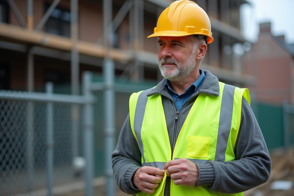 Homme avec casque et gilet jaune ajustant son harnais sur un chantier