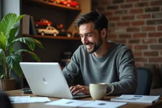 Passionné d'automobile consultant le wiki Stellantis sur son ordinateur portable dans un bureau à domicile