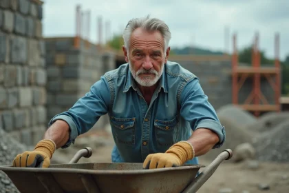 Ouvrier déterminé poussant une brouette sur un chantier de construction, illustration de la persévérance au travail