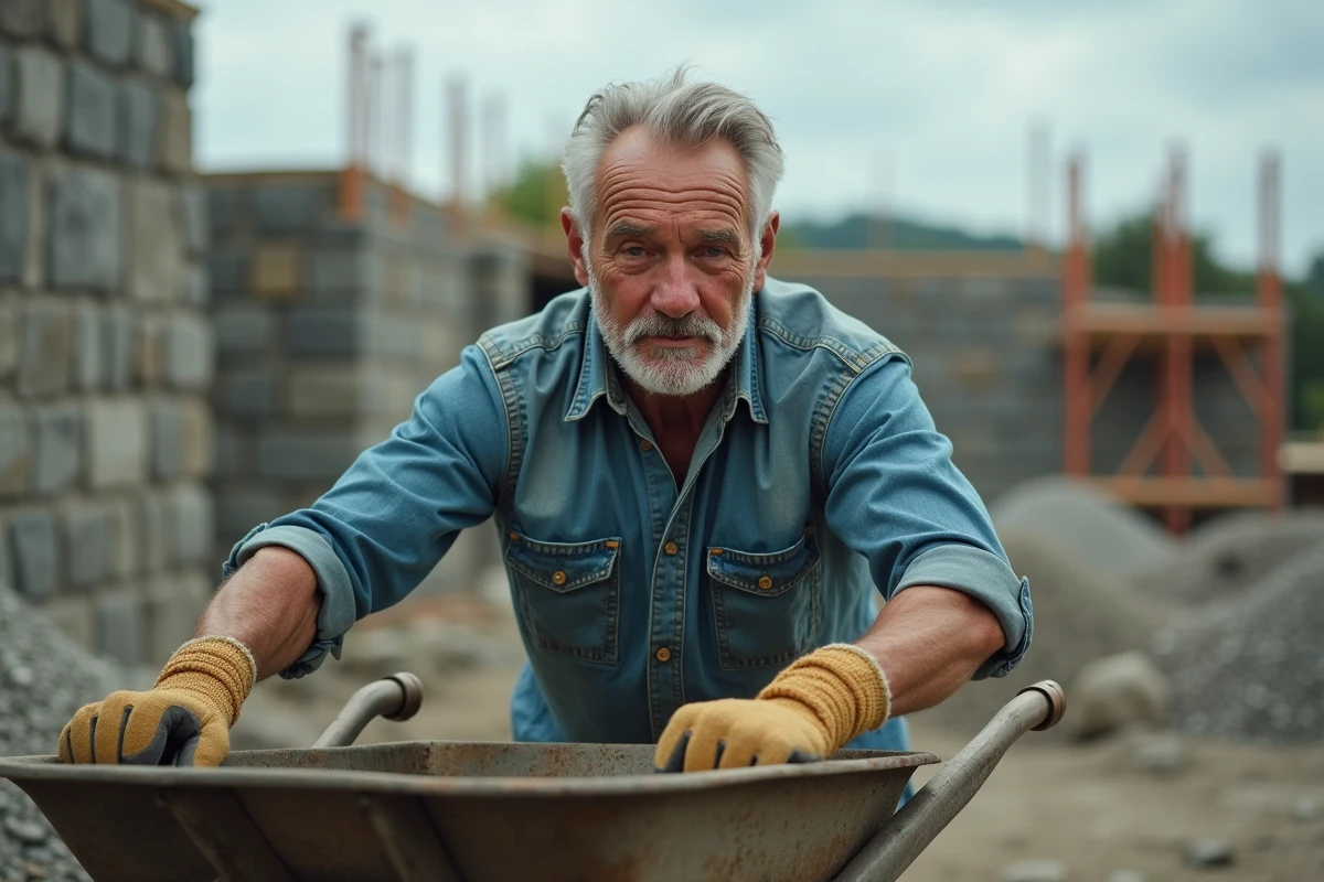 Ouvrier déterminé poussant une brouette sur un chantier de construction, illustration de la persévérance au travail