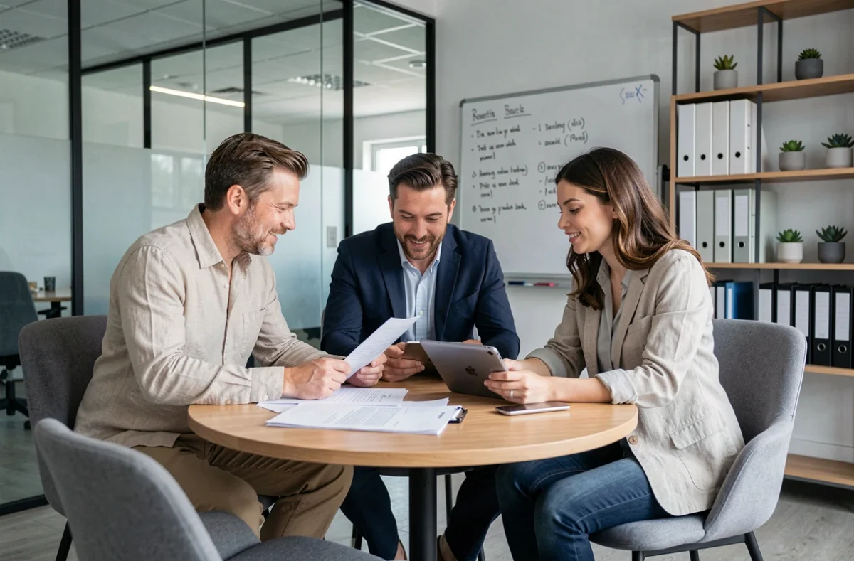 Petite équipe de professionnels en réunion collaborative autour d'une table ronde dans un espace de coworking moderne