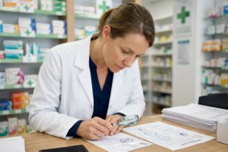 Pharmacienne inspectant une empreinte de tampon sur une ordonnance à l'officine