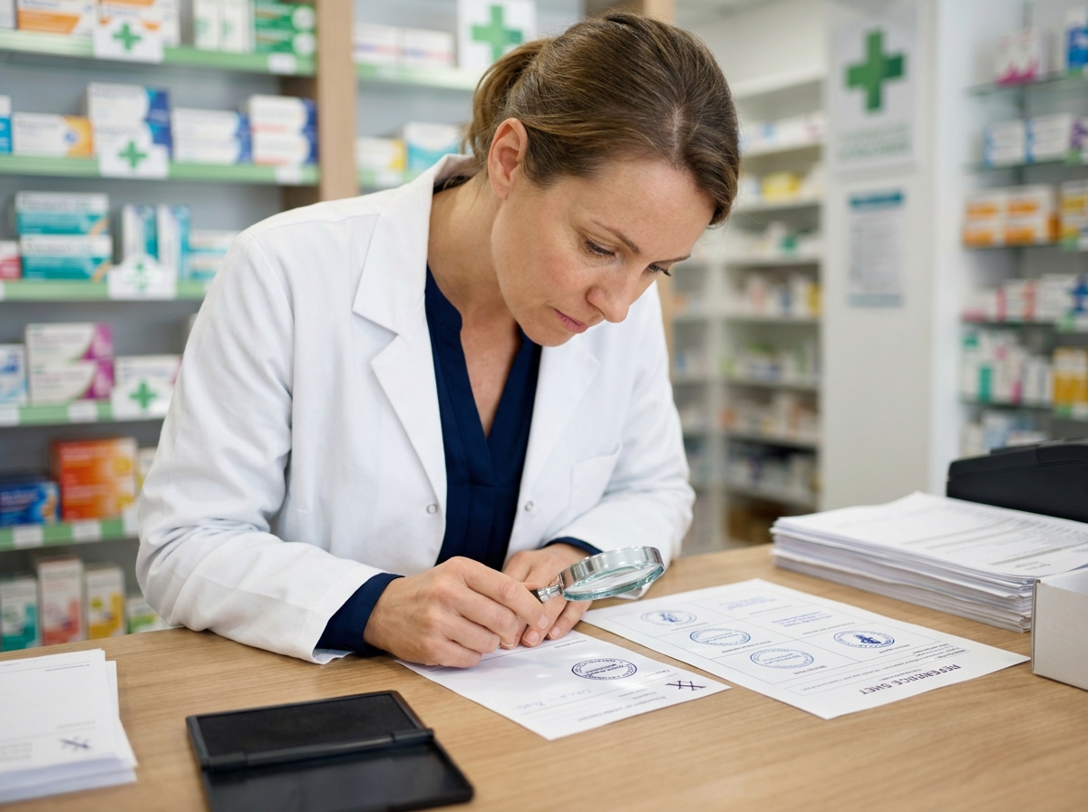 Pharmacienne inspectant une empreinte de tampon sur une ordonnance à l'officine