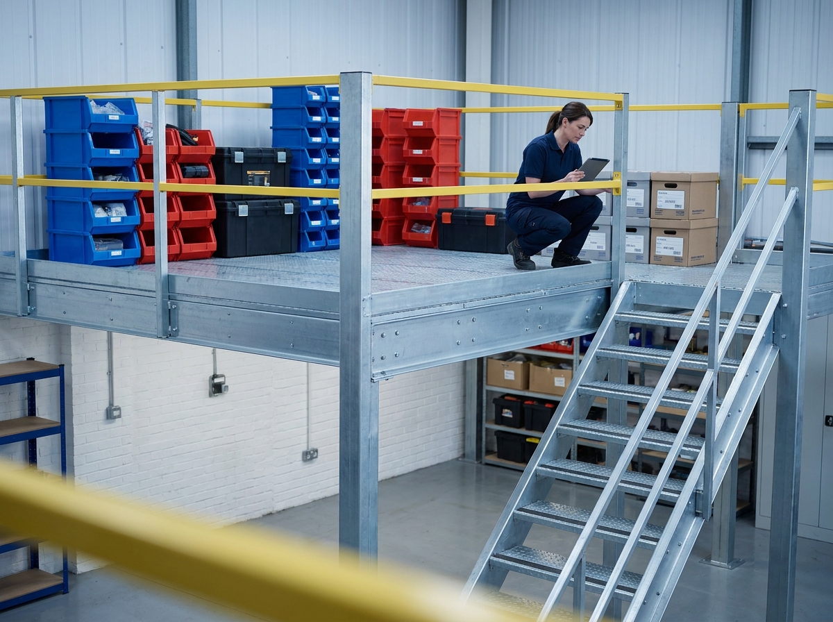 Plateforme de stockage modulaire avec garde-corps jaune dans un atelier commercial professionnel
