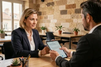 Consultante en portage salarial discutant d'un contrat avec une professionnelle dans un bureau moderne à Avignon