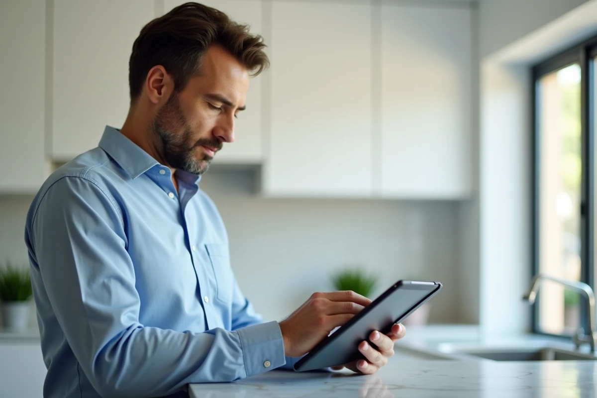 Homme effectuant sa première connexion sur un espace numérique personnel via une tablette dans une cuisine moderne