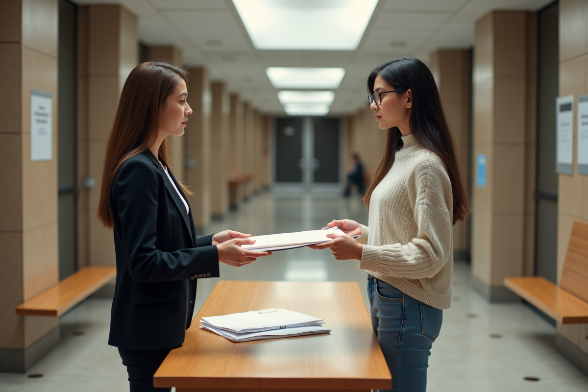 Jeune femme présentant des documents dans un couloir de tribunal