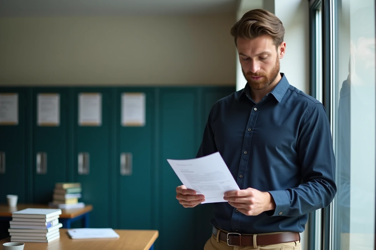 Professeur du secondaire consultant son bulletin de salaire dans la salle des professeurs