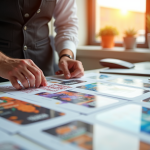 Professionnel créant des flyers colorés sur un bureau lumineux