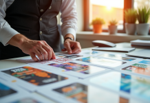 Professionnel créant des flyers colorés sur un bureau lumineux