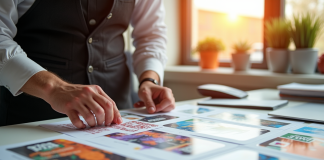 Professionnel créant des flyers colorés sur un bureau lumineux