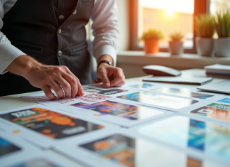 Obligatoire sur un flyer : réussir sa communication visuelle en 5 points Professionnel créant des flyers colorés sur un bureau lumineux