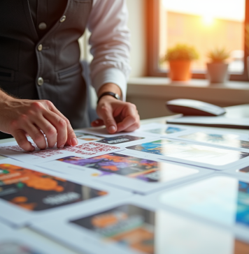 Professionnel créant des flyers colorés sur un bureau lumineux