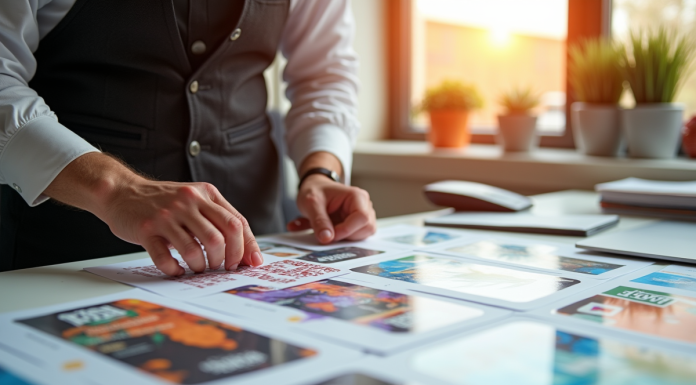 Professionnel créant des flyers colorés sur un bureau lumineux