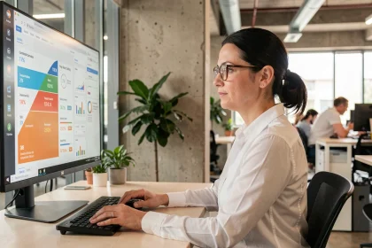 Professionnelle analysant un tunnel de conversion SEO sur un écran d'ordinateur dans un bureau moderne