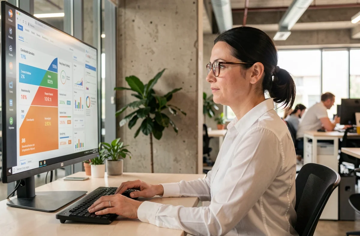 Professionnelle analysant un tunnel de conversion SEO sur un écran d'ordinateur dans un bureau moderne
