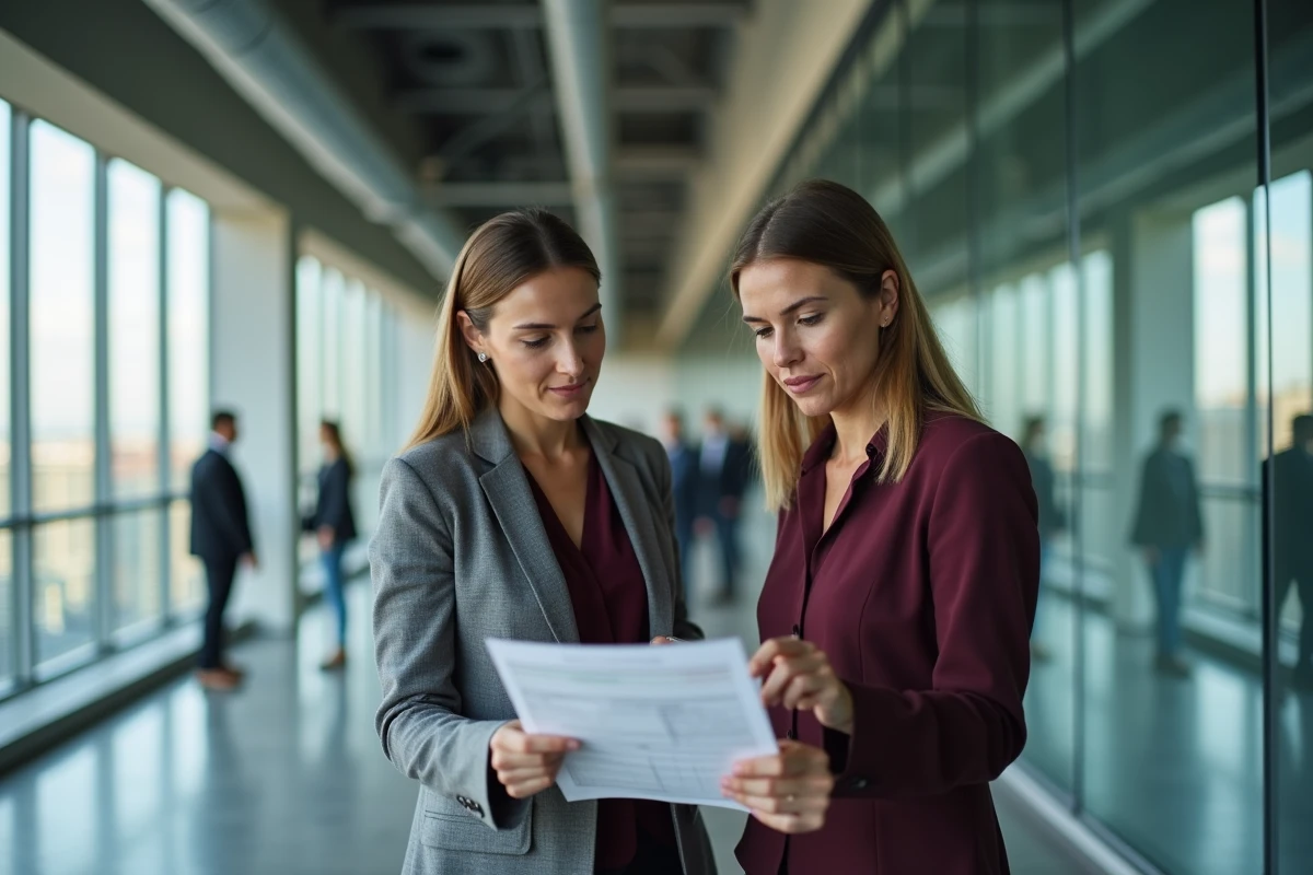 Deux professionnelles examinant des documents de gestion de crise dans un couloir d'entreprise moderne
