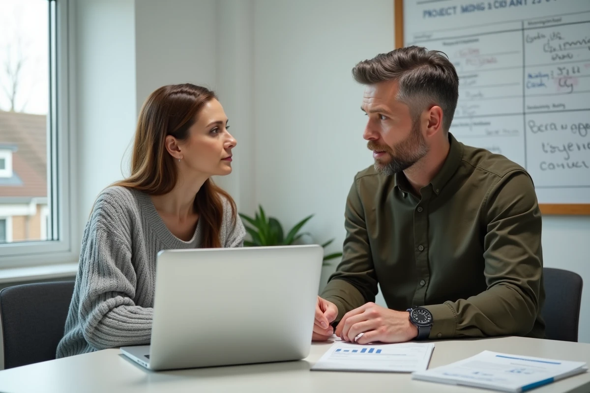 Deux professionnels du bâtiment analysant ensemble la compatibilité d'un logiciel de gestion comme Myextrabat avec leur organisation de travail