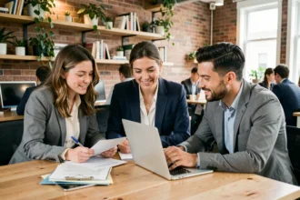 Trois professionnels collaborant dans un espace de bureaux partagés moderne avec murs en brique et postes de travail communs