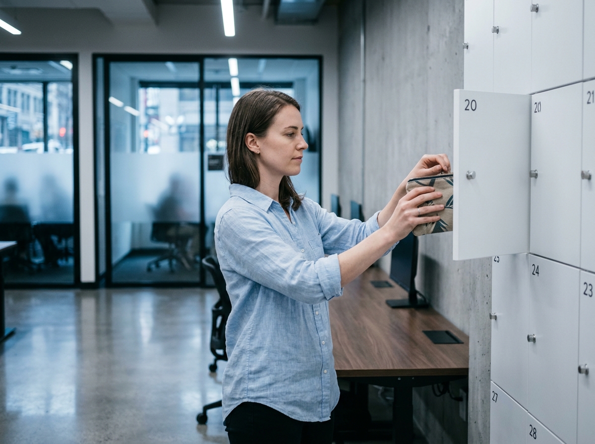 Femme rangeant ses affaires personnelles dans un casier de bureau flex office en fin de journée