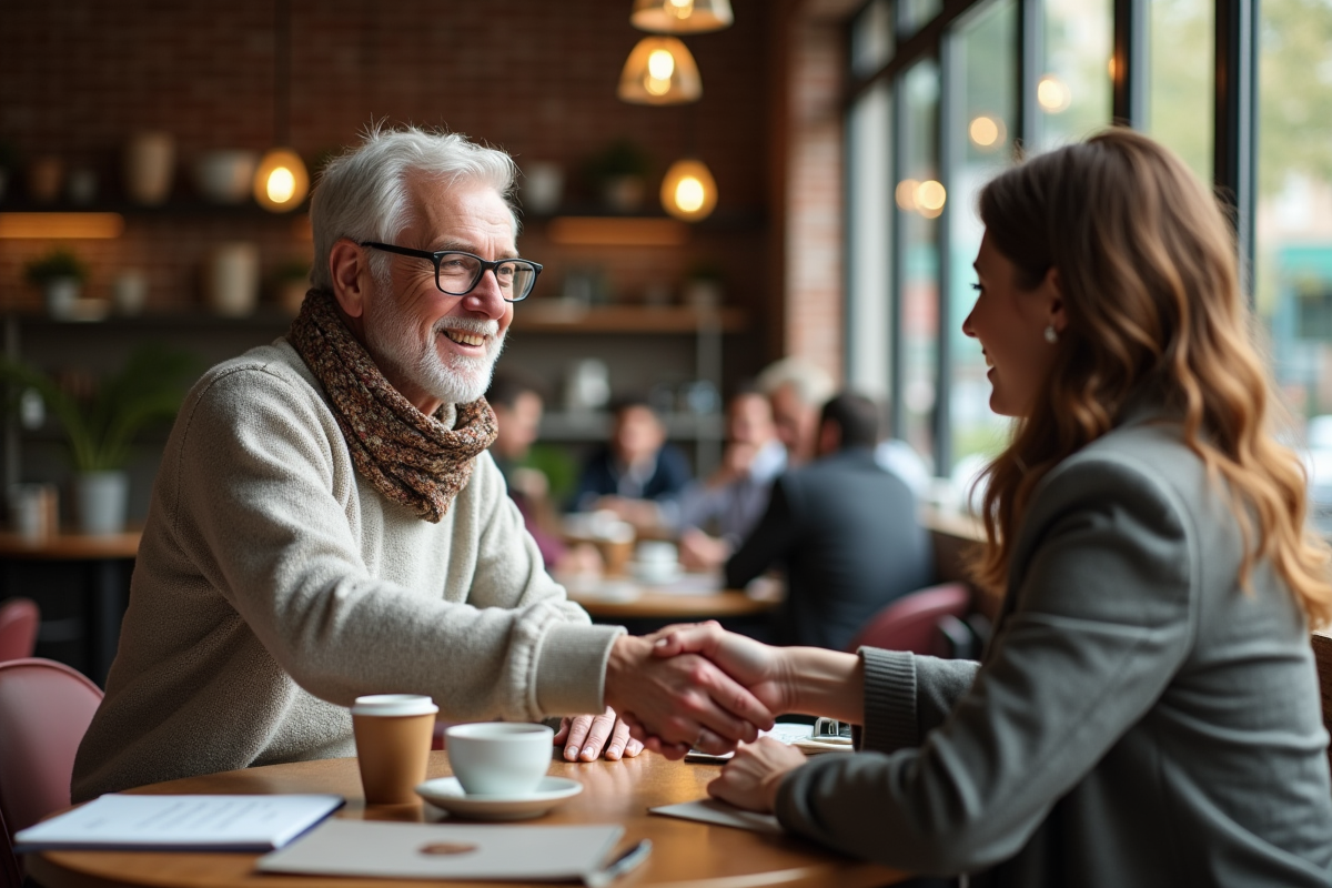 Homme senior accueillant une consultante dans un café