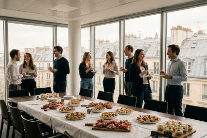 Buffet traiteur professionnel lors d'un repas d'entreprise dans une salle de réunion moderne en Île-de-France