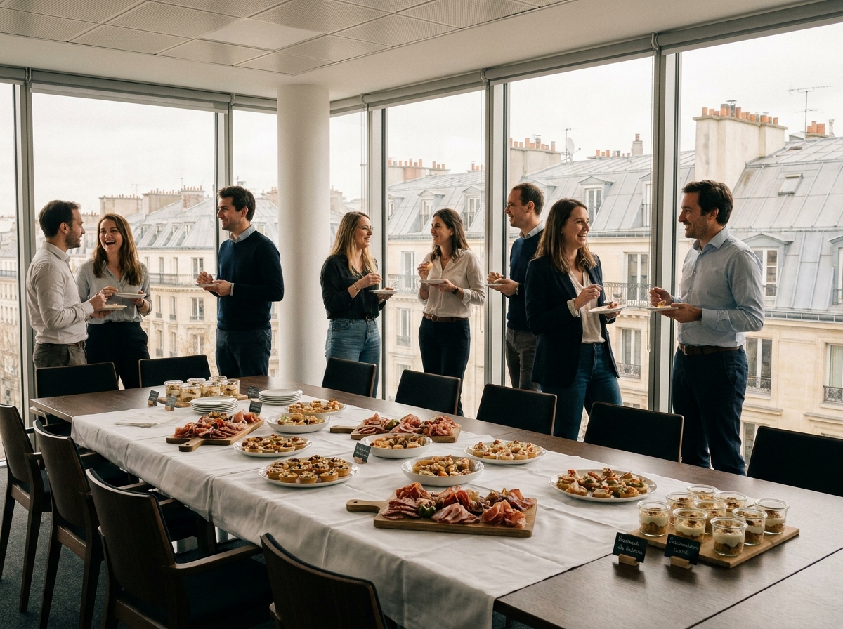 Buffet traiteur professionnel lors d'un repas d'entreprise dans une salle de réunion moderne en Île-de-France