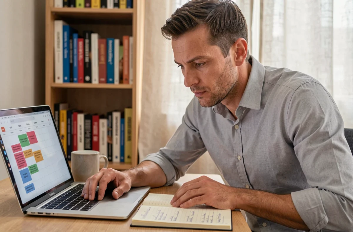 Homme en télétravail consultant un calendrier numérique pour reporter un rendez-vous récurrent