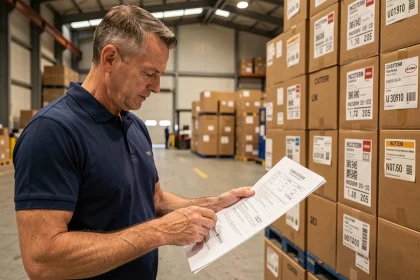 Responsable logistique examinant des documents de transport DDP dans un entrepôt avec des colis étiquetés aux incoterms