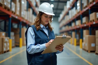 Responsable logistique inspectant des documents à l'entrée d'un entrepôt de distribution centrale