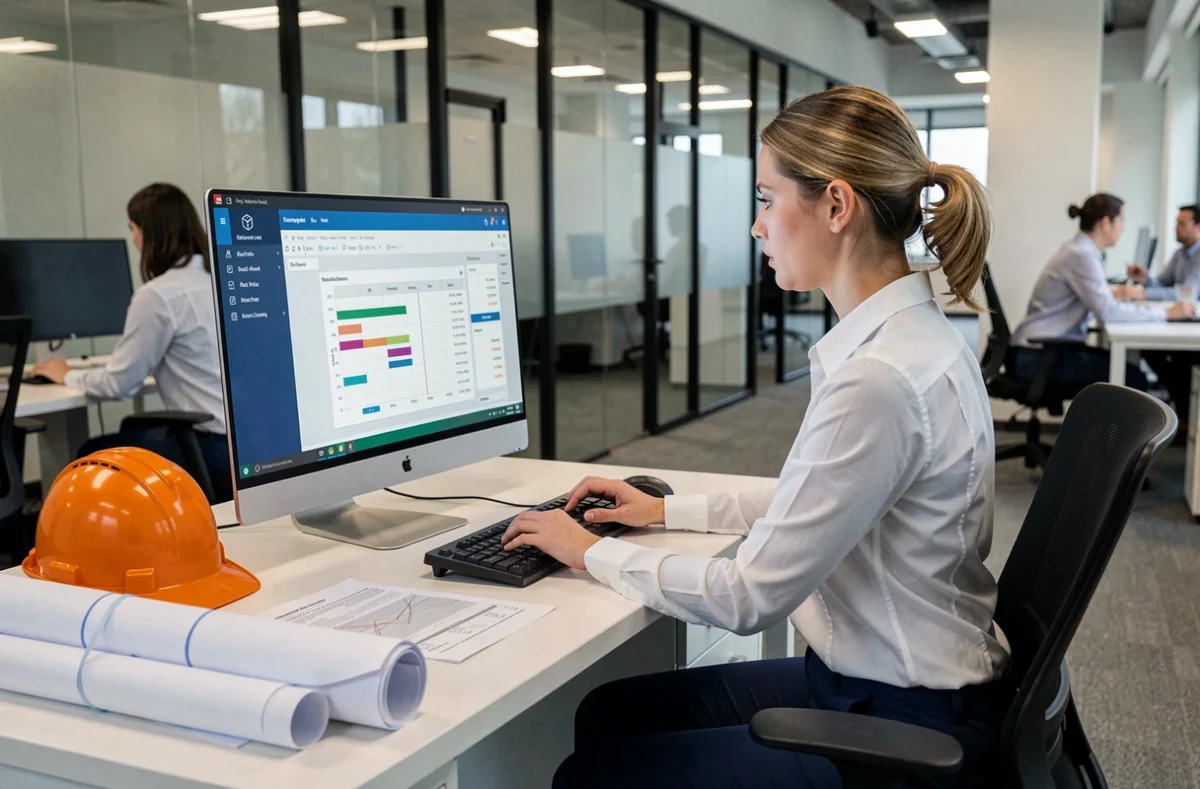 Responsable de projet BTP utilisant un logiciel de gestion de chantier professionnel comparé à Excel dans un bureau moderne