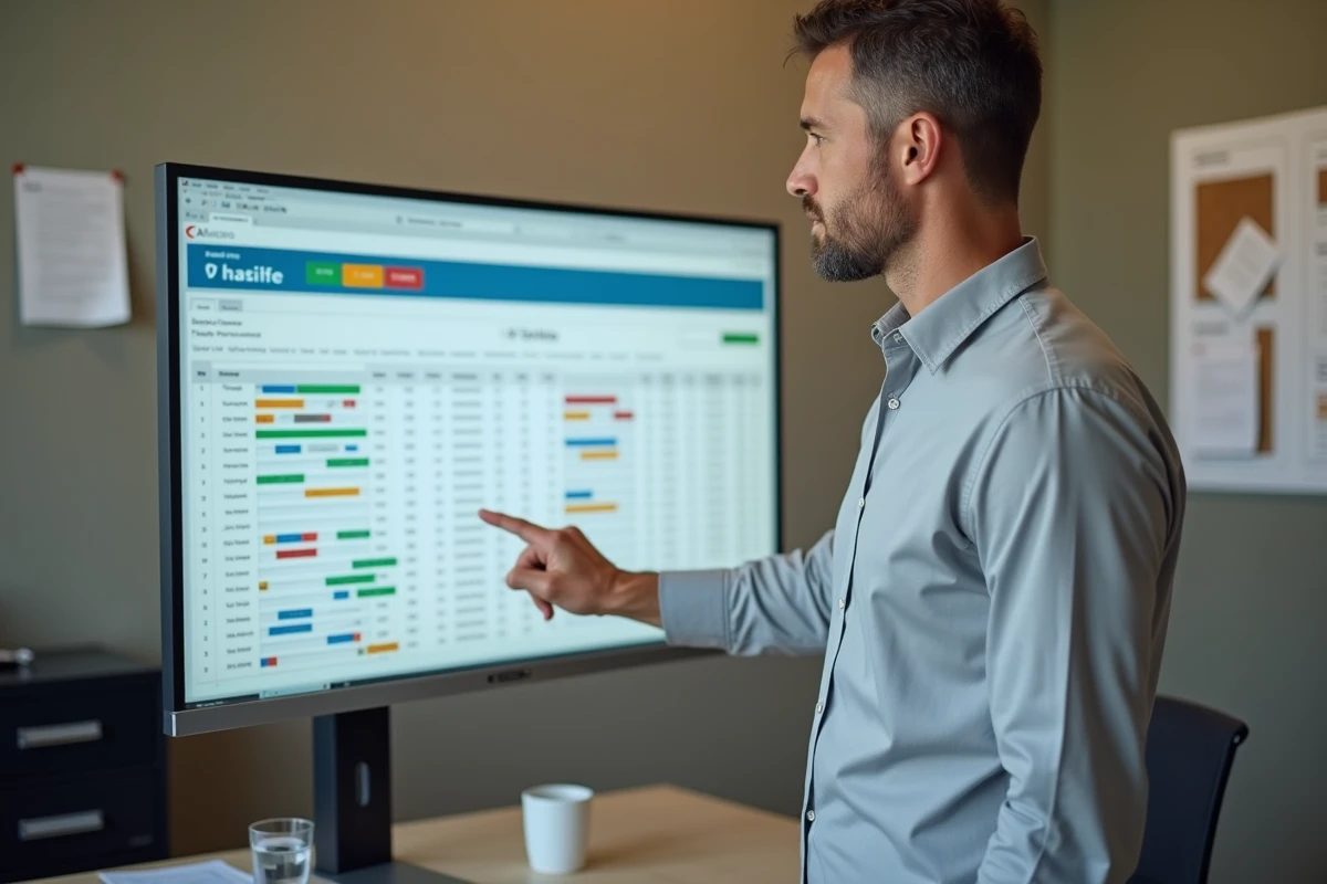 Responsable RH masculin analysant un tableau de bord de suivi des congés et RTT des employés sur un grand écran de bureau