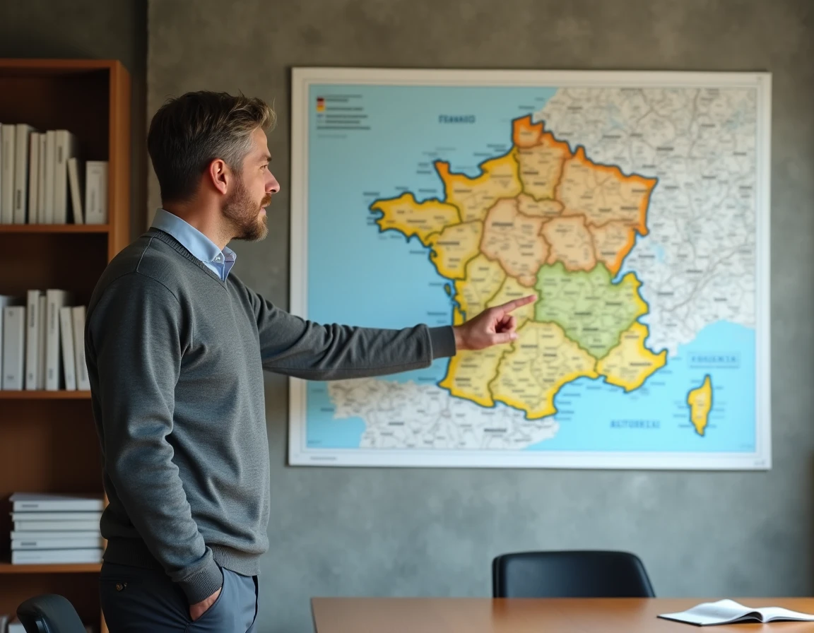 Responsable territorial présentant une carte des régions françaises lors d'une réunion de veille économique