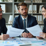 Réunion d'affaires en bureau moderne avec documents et graphiques