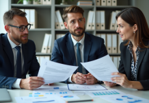 Réunion d'affaires en bureau moderne avec documents et graphiques