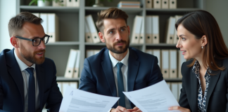 Réunion d'affaires en bureau moderne avec documents et graphiques