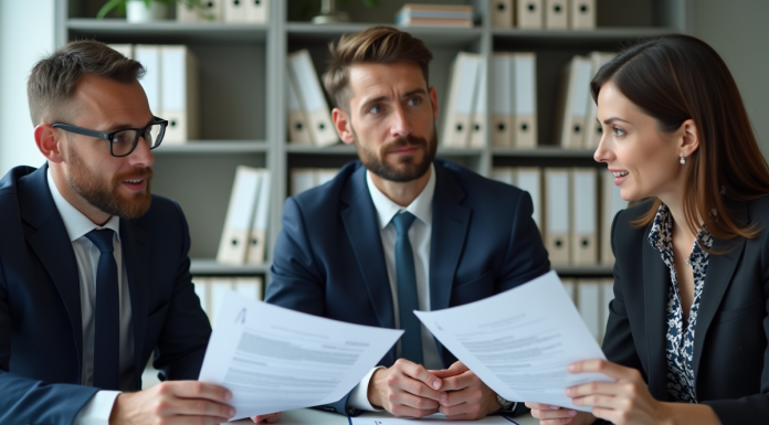 Réunion d'affaires en bureau moderne avec documents et graphiques