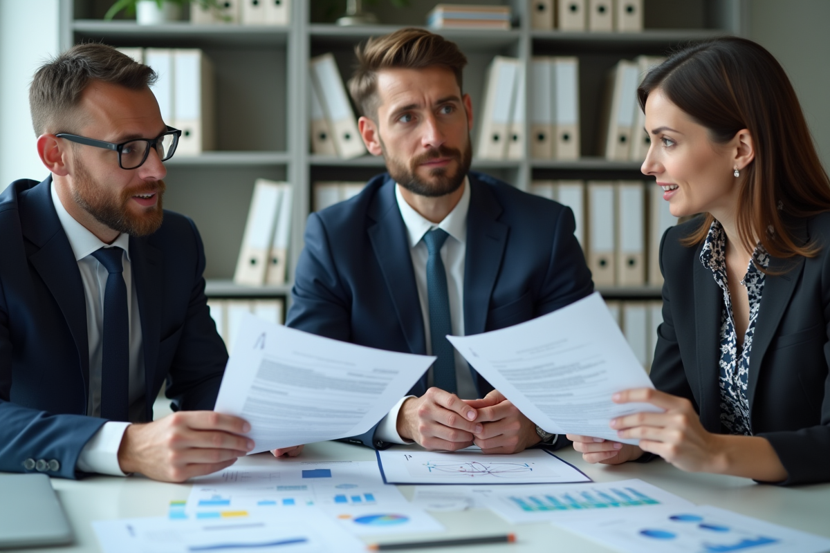 Réunion d'affaires en bureau moderne avec documents et graphiques